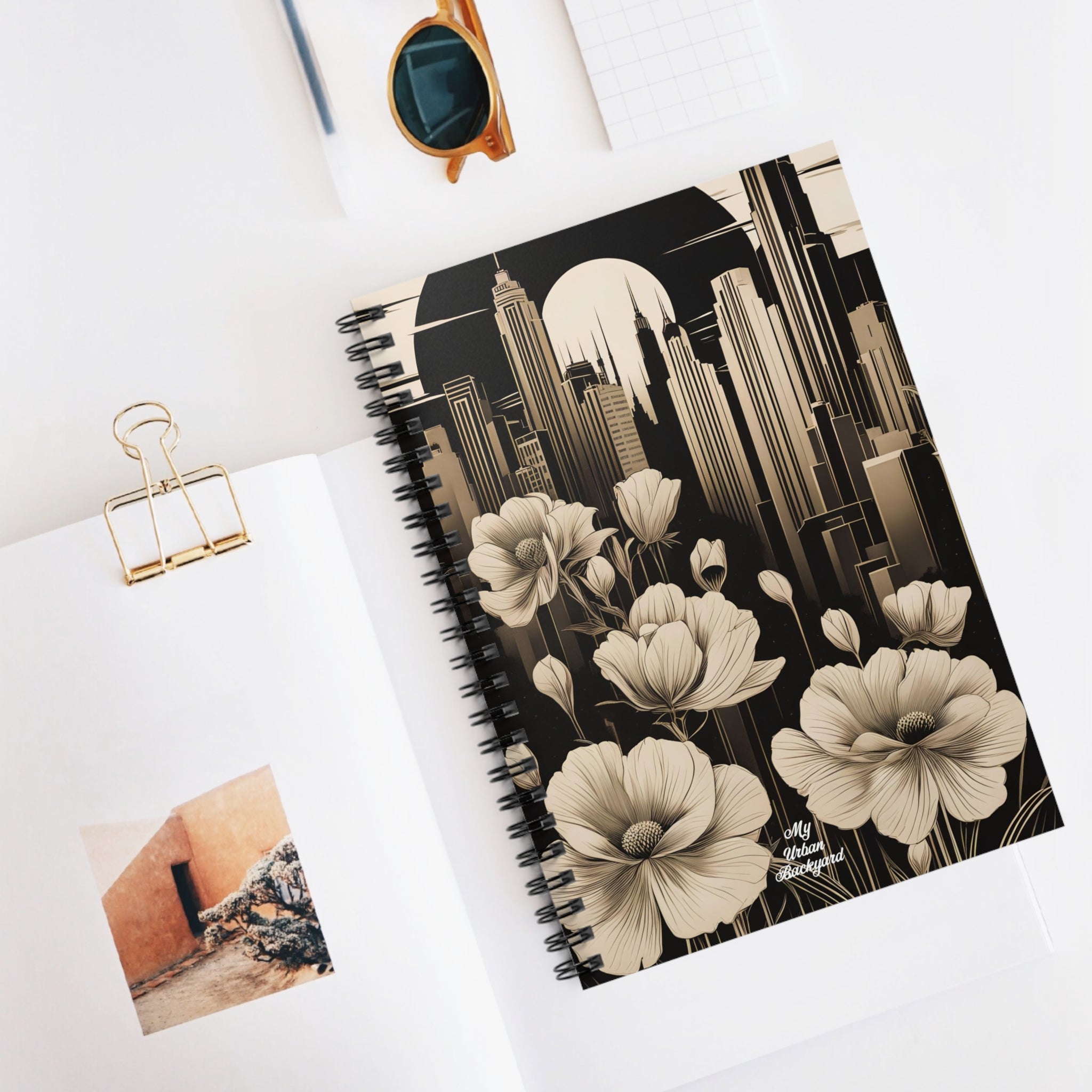 Urban Moon with Flowers, Spiral Notebook Writing Journal - 118 Ruled Pages