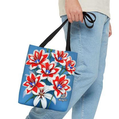 Everyday Tote Bag w Cotton Handles, Reusable Shoulder Bag, Bouquet of Red White and Blue Flowers