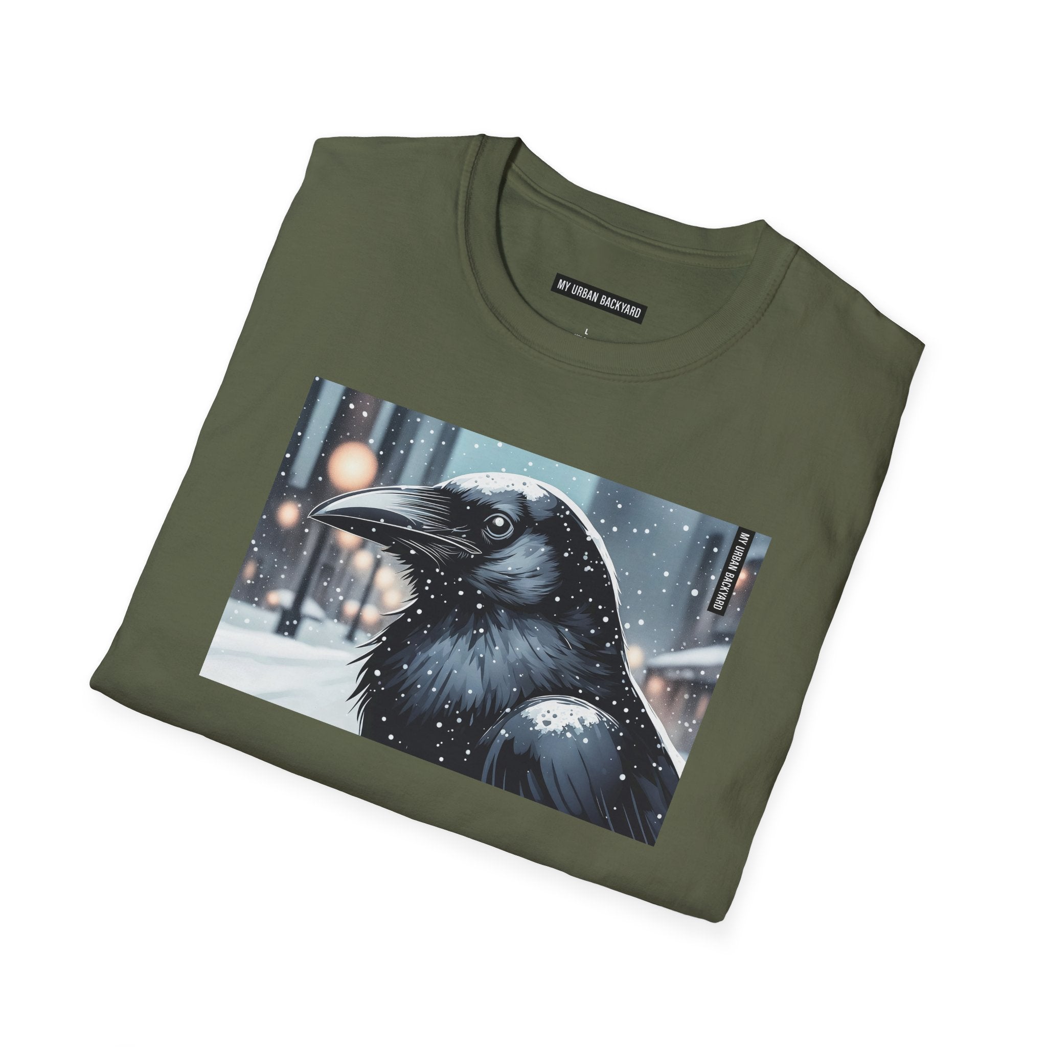 Urban Crow In Falling Snow T-Shirt — Winter Crow Graphic Tee