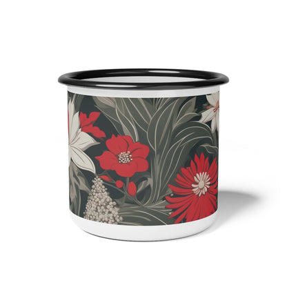 Red & White Flowers, Enamel Camping Mug for Coffee, Tea, Cocoa, or Cereal - 12oz