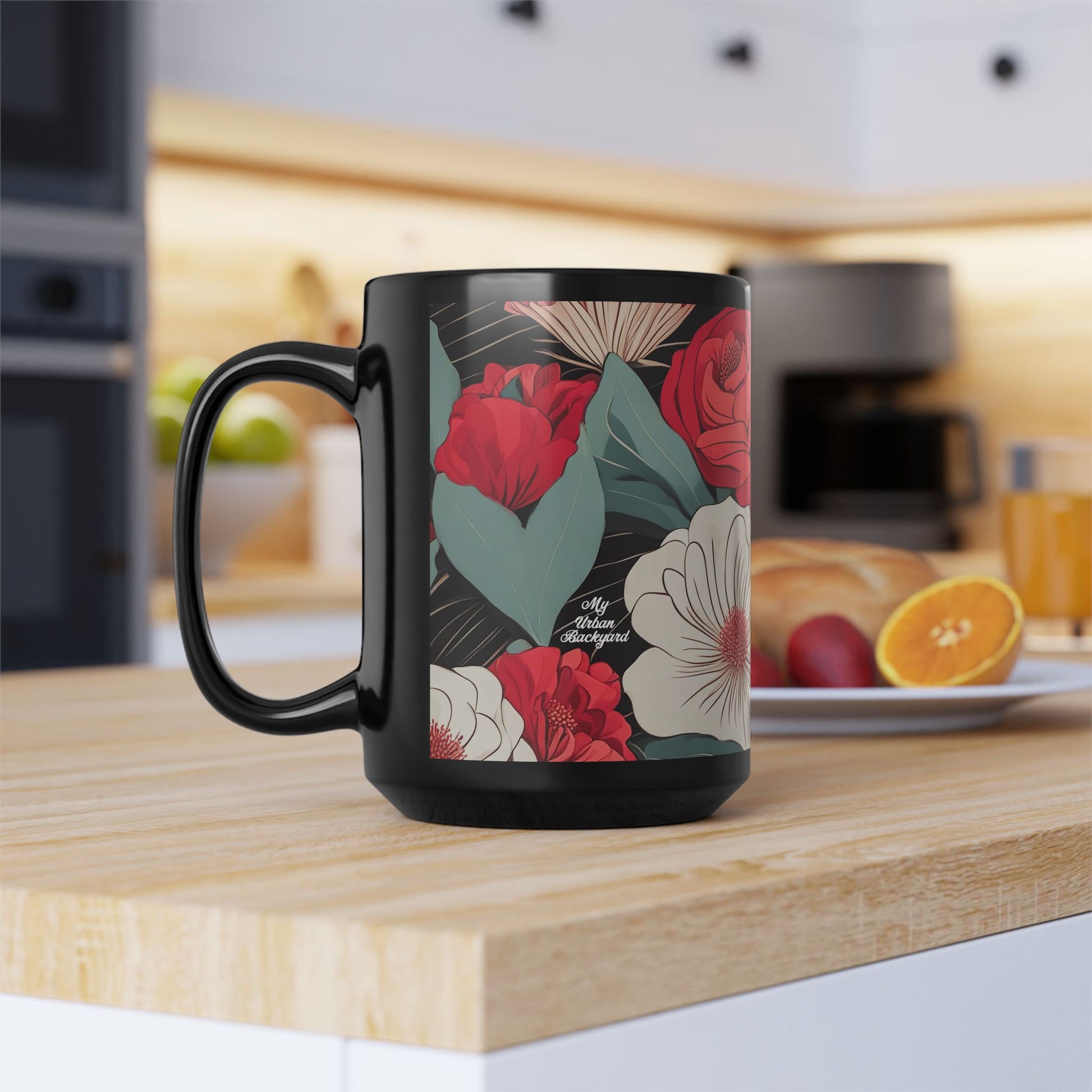 Floral Black Mug - Perfect for Coffee Lovers, Gift for Her, Home Decor, Botanical Design, Floral Coffee Cup