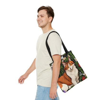 Orange Cat with Flowers, Tote Bag for Everyday Use - Durable and Functional