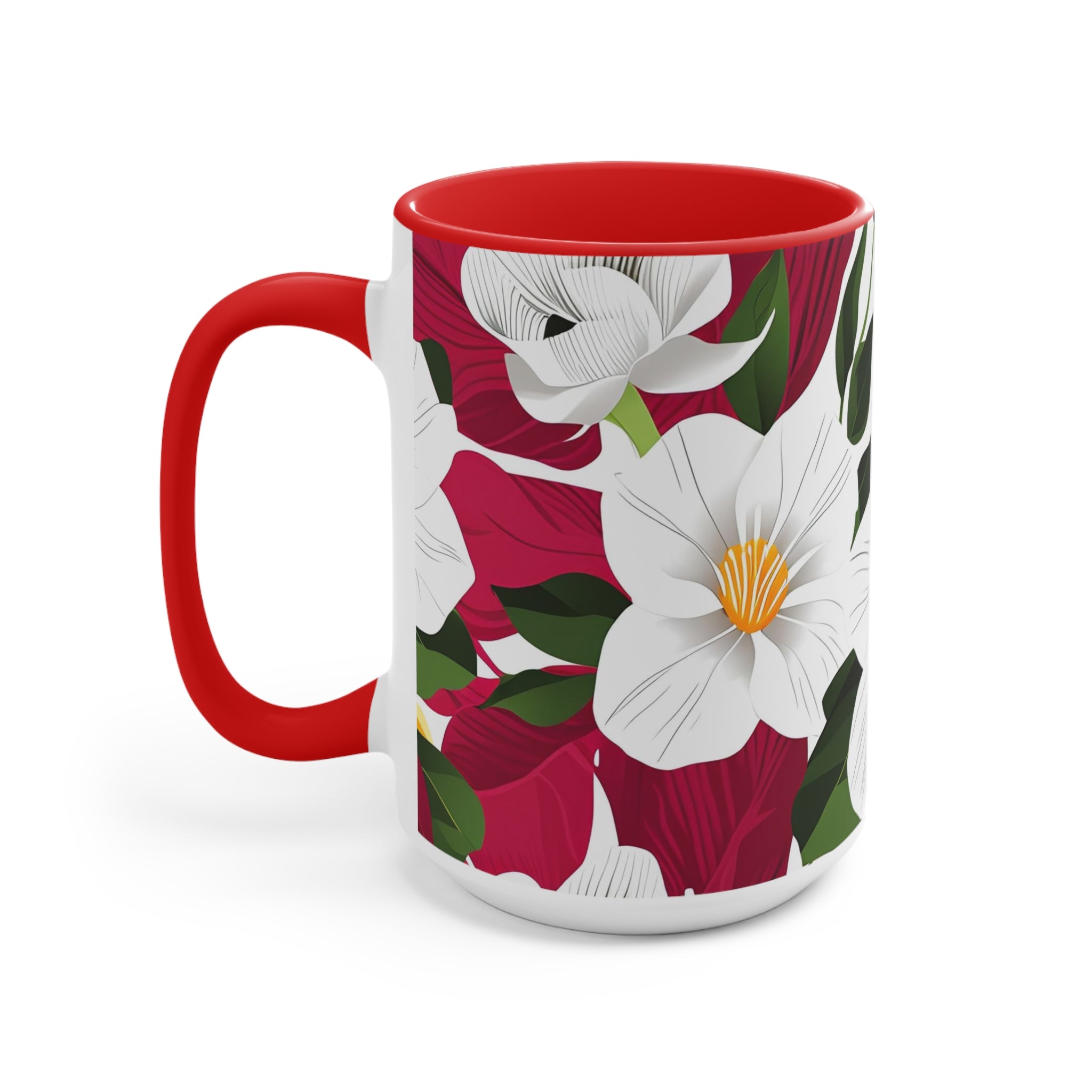White Flowers on Red, Ceramic Coffee Mug