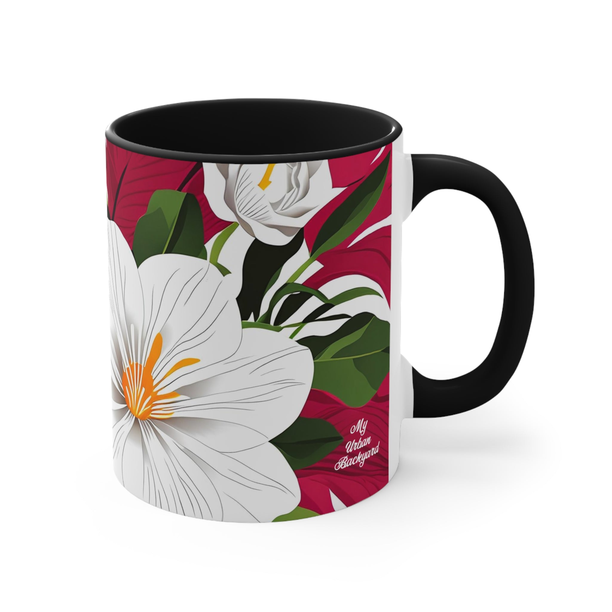 White Flowers on Red, Ceramic Coffee Mug