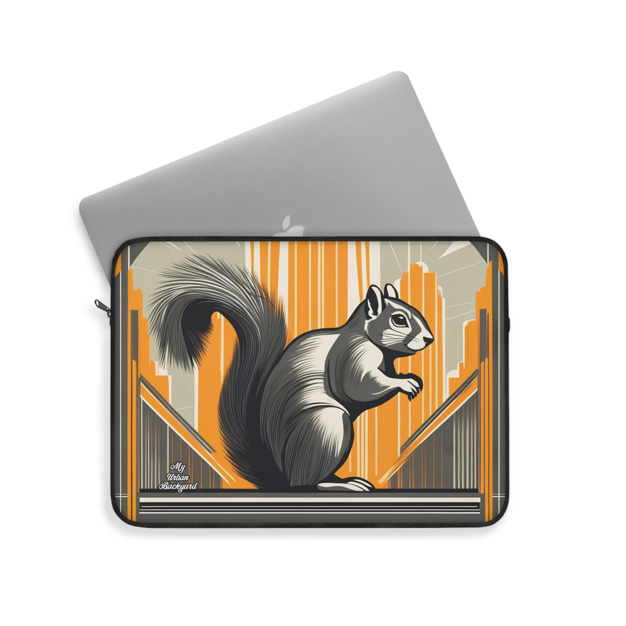 A laptop carrying case with a top-loading design, featuring an art deco style illustration of a squirrel on a geometric patterned background.