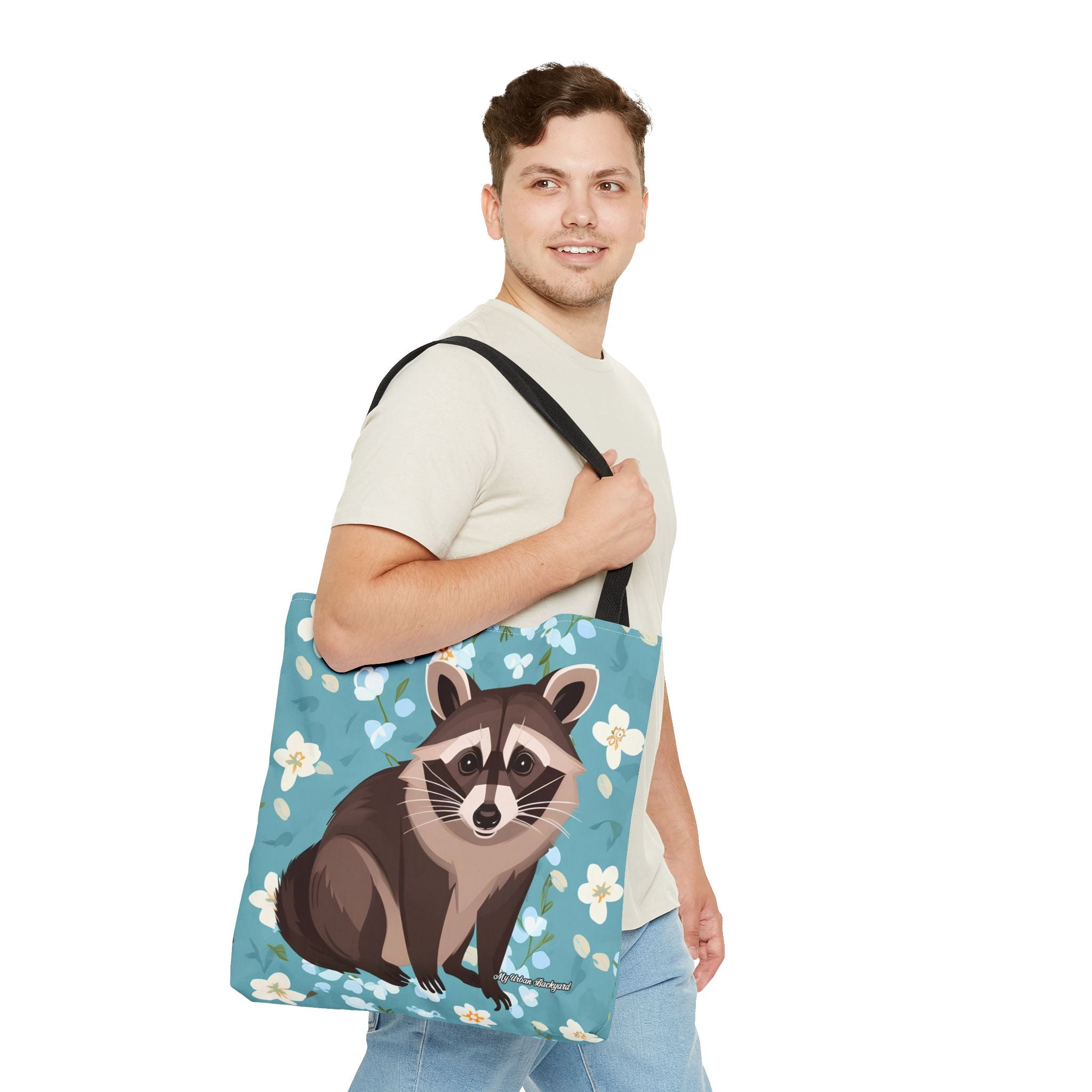 Young Raccoon w Flowers Tote Bag with Cotton Handles For Everyday Use, 3 Sizes