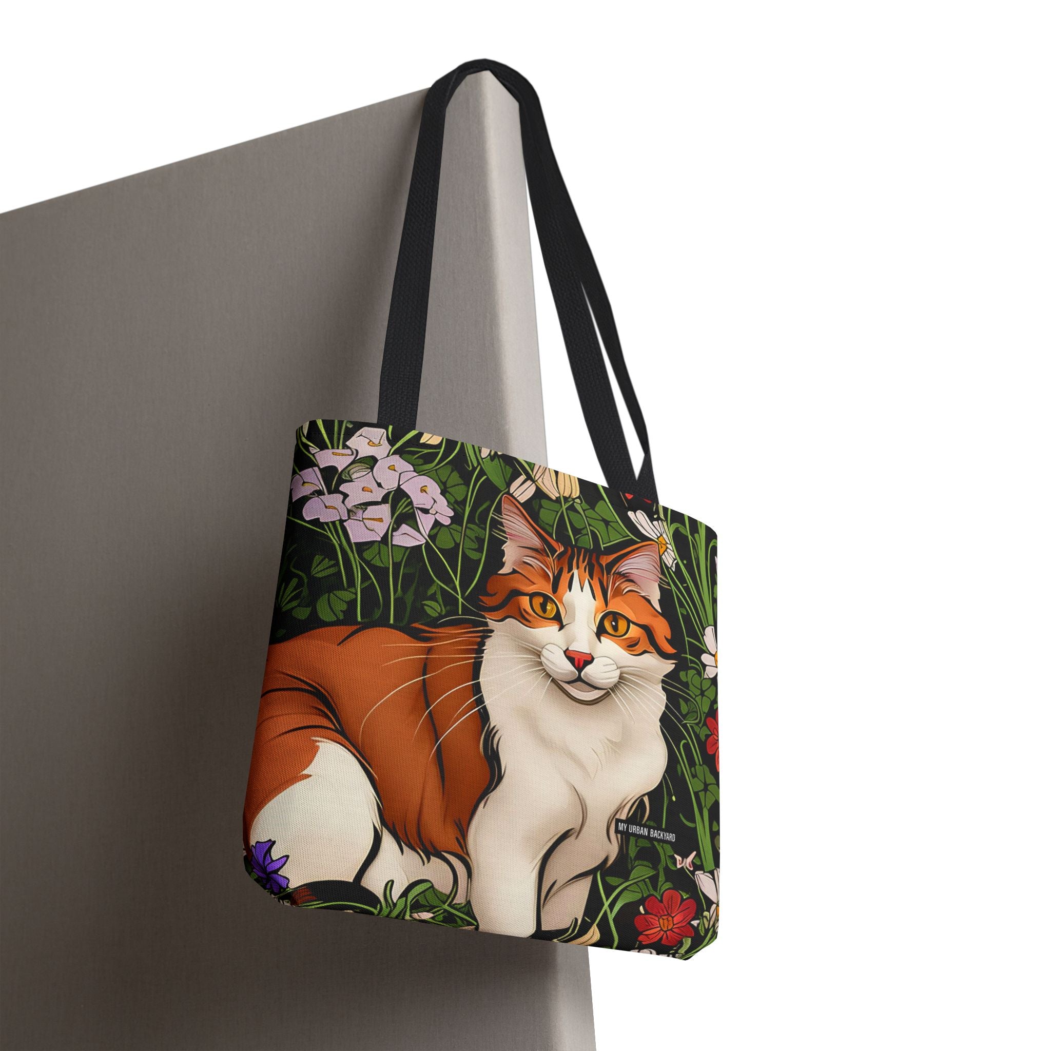 Orange Cat with Flowers, Tote Bag w Cotton Handles