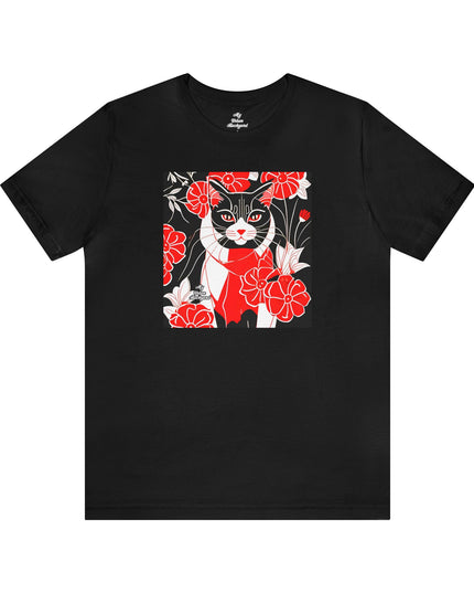 Tuxedo Cat with Red Flowers, Soft 100% Jersey Cotton T-Shirt, Unisex, Short Sleeve, Retail Fit