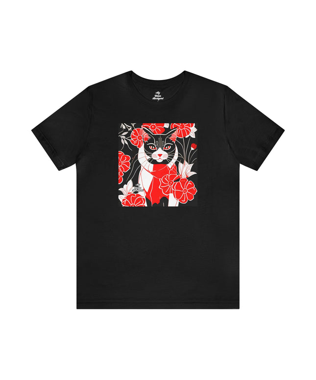 Tuxedo Cat with Red Flowers, Soft 100% Jersey Cotton T-Shirt, Unisex, Short Sleeve, Retail Fit