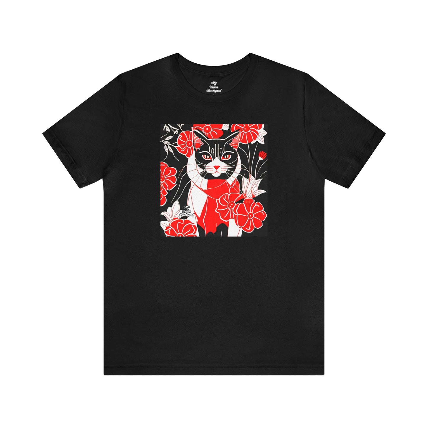 Tuxedo Cat with Red Flowers, Soft 100% Jersey Cotton T-Shirt, Unisex, Short Sleeve, Retail Fit