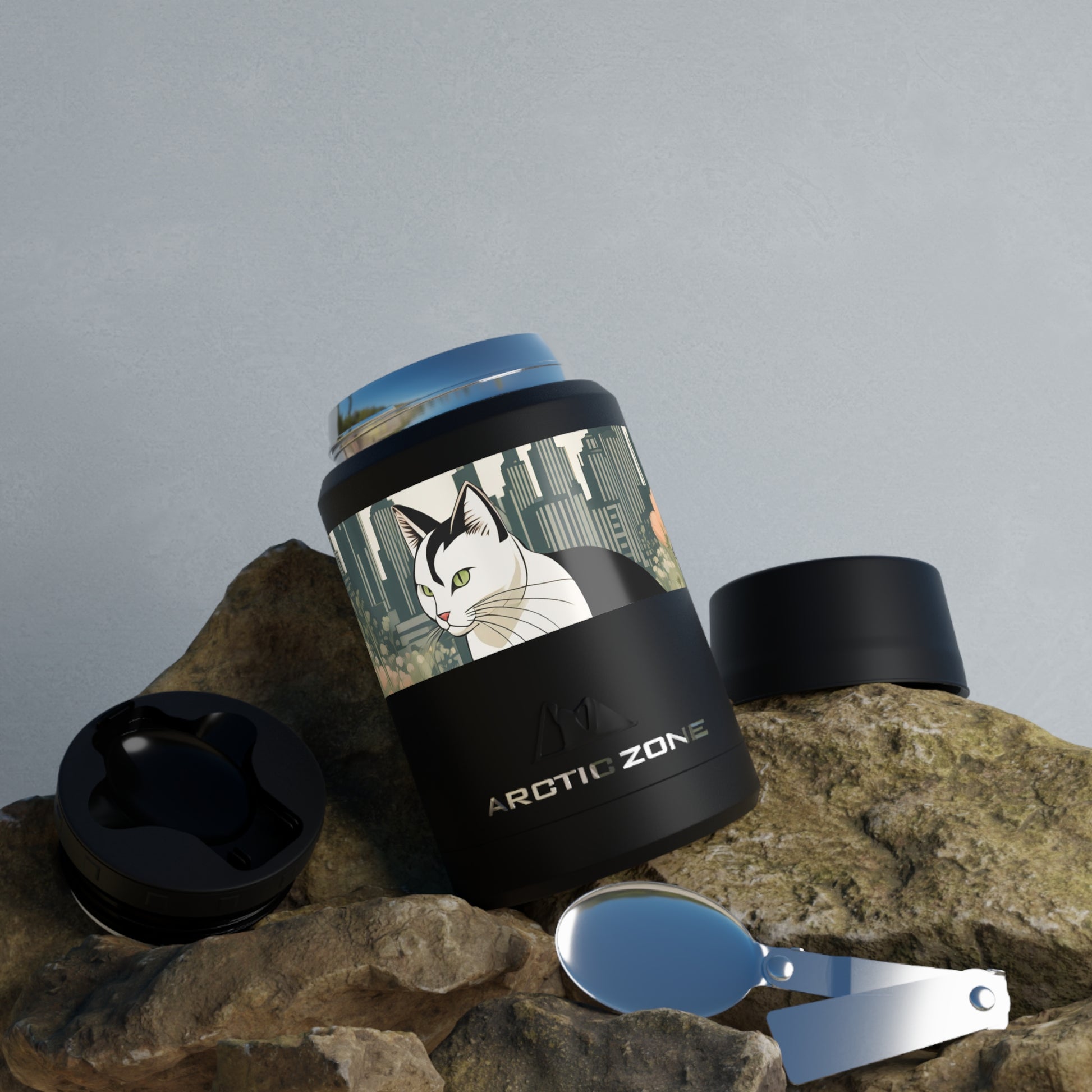 City Cat with Flowers, Reusable Insulated Food Storage Container with Spoon – 16.9oz