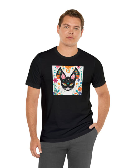 Black Cat w Green Eyes & Flowers, Soft 100% Jersey Cotton T-Shirt, Unisex, Short Sleeve, Retail Fit
