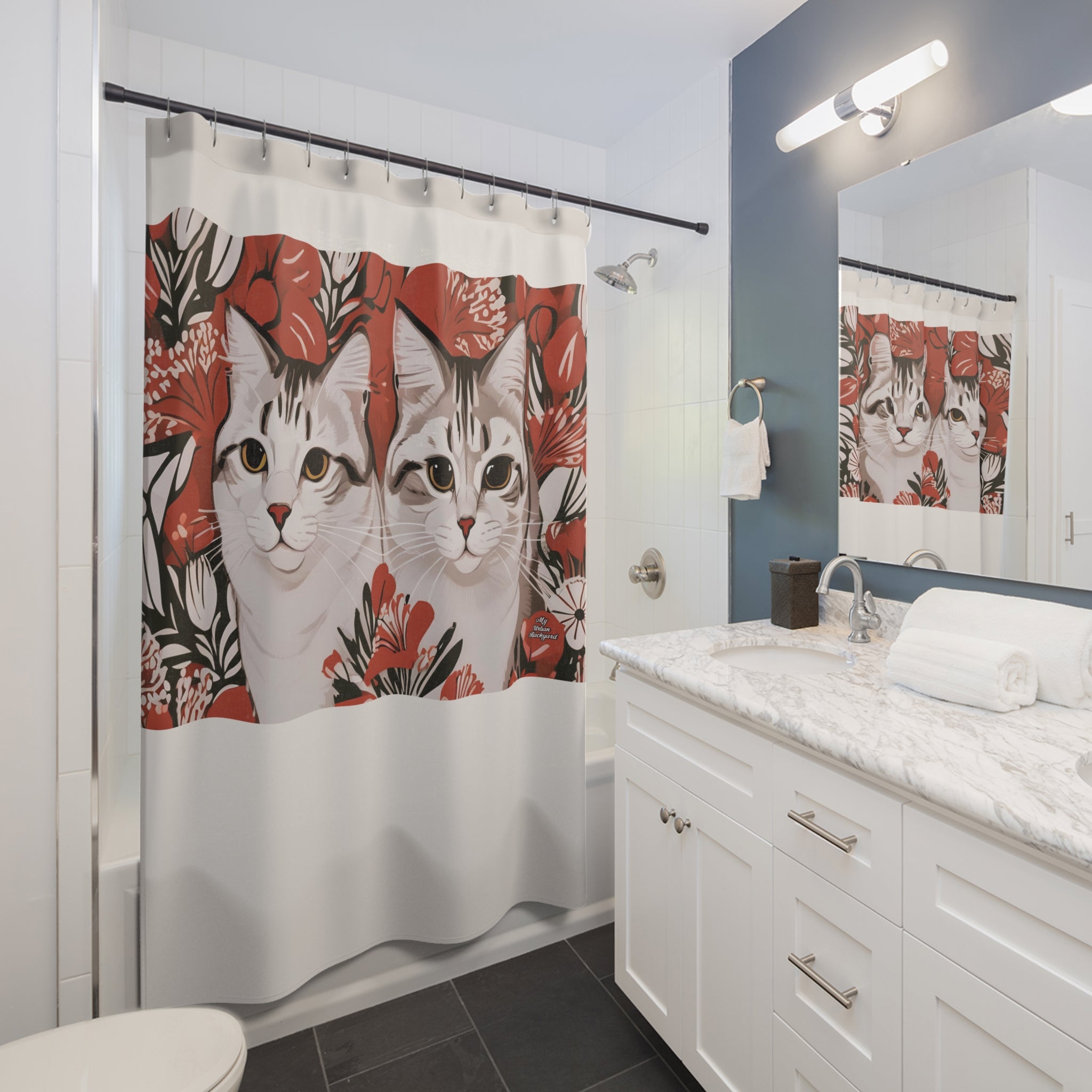 Cream Shower Curtain with Tess & Jess Clawfield, Tabby Cats Graphic - 71" x 74"