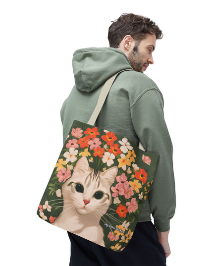 White Cat with Flowers Tote Bag with Cotton Handles For Everyday Use, 3 Sizes
