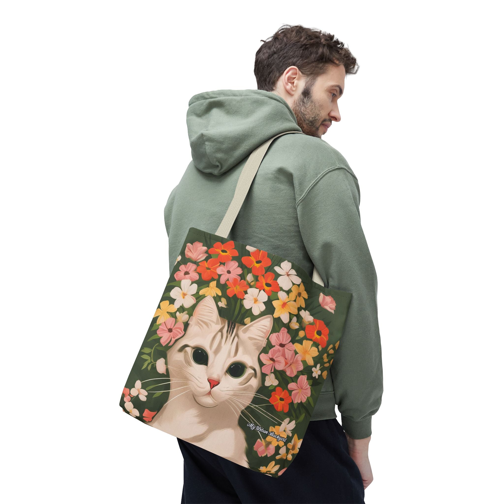 White Cat with Flowers Tote Bag with Cotton Handles For Everyday Use, 3 Sizes