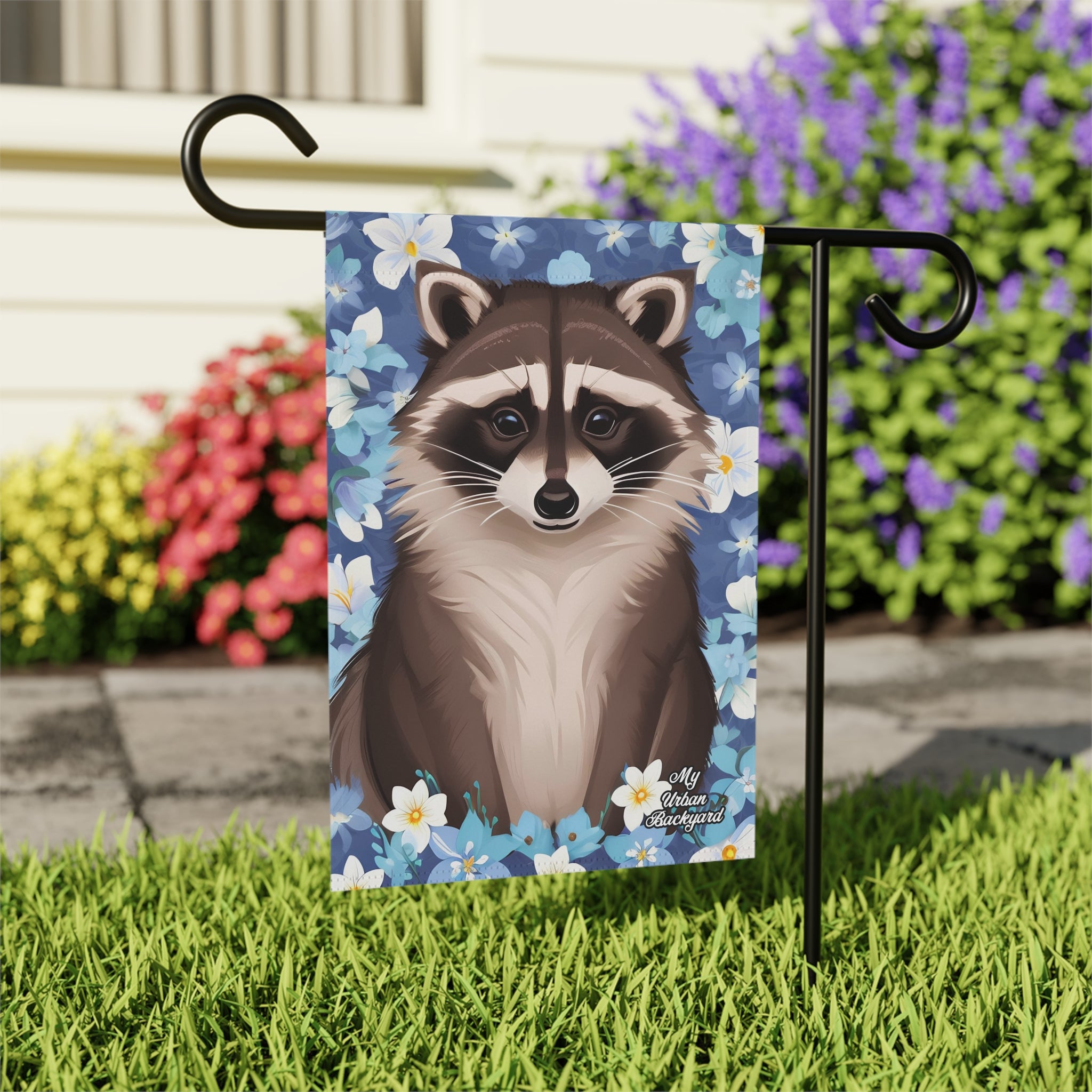 Raccoon in Pale Blue Flowers, Garden Flag