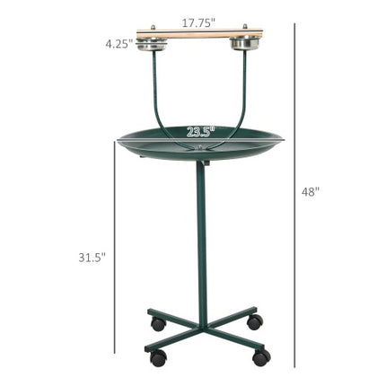 Cageless Bird Feeder Station, Rolling Perch With Four Wheels, Stainless Steel Feeding Bowls, Round Tray, Green