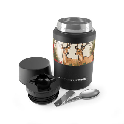 Deer with Evergreen Foliage, Reusable Insulated Food Storage Container with Spoon – 16.9oz