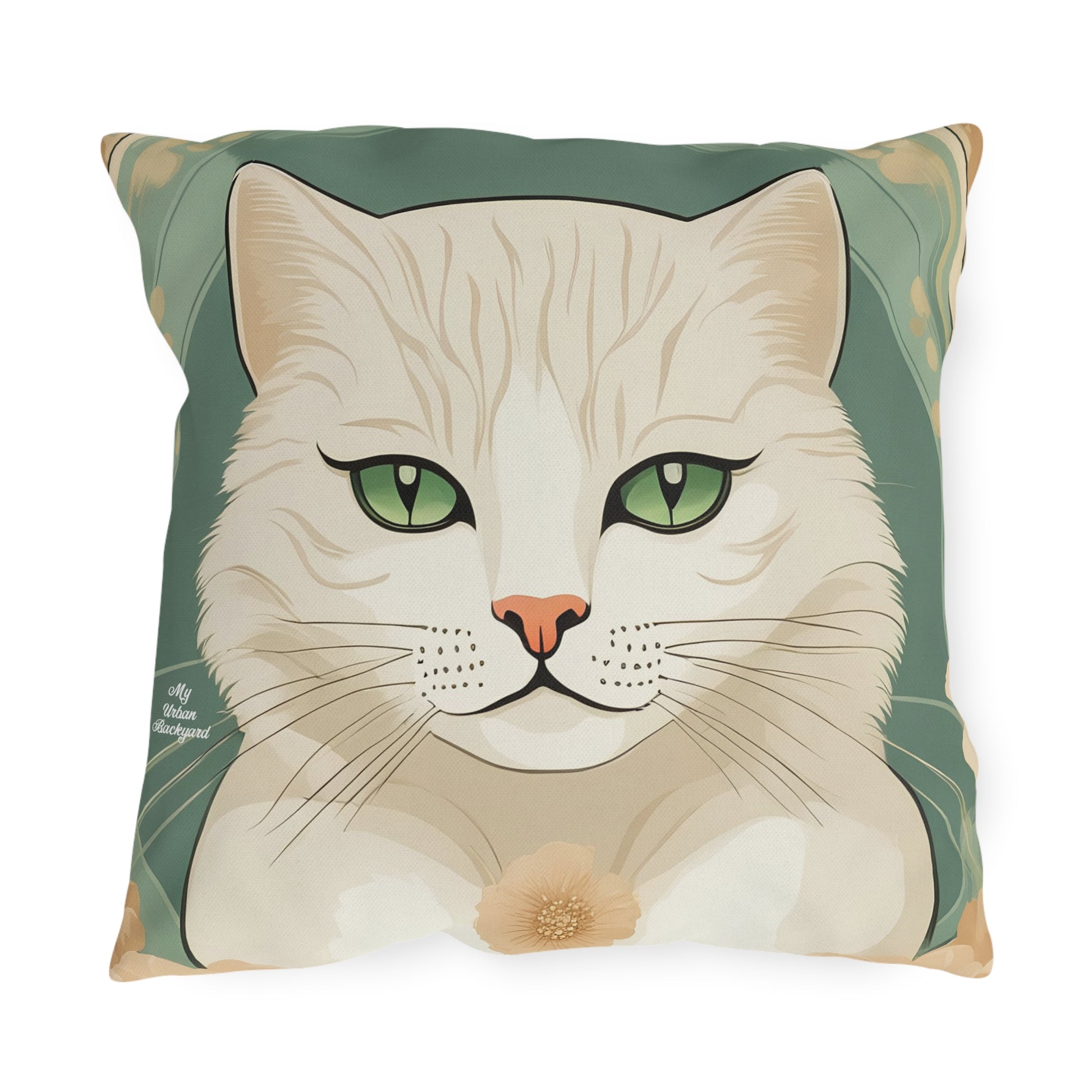 Blanca Purrington, Cat Throw Pillow, Slate Green accent color, Indoor/Outdoor Decor for Home or Office