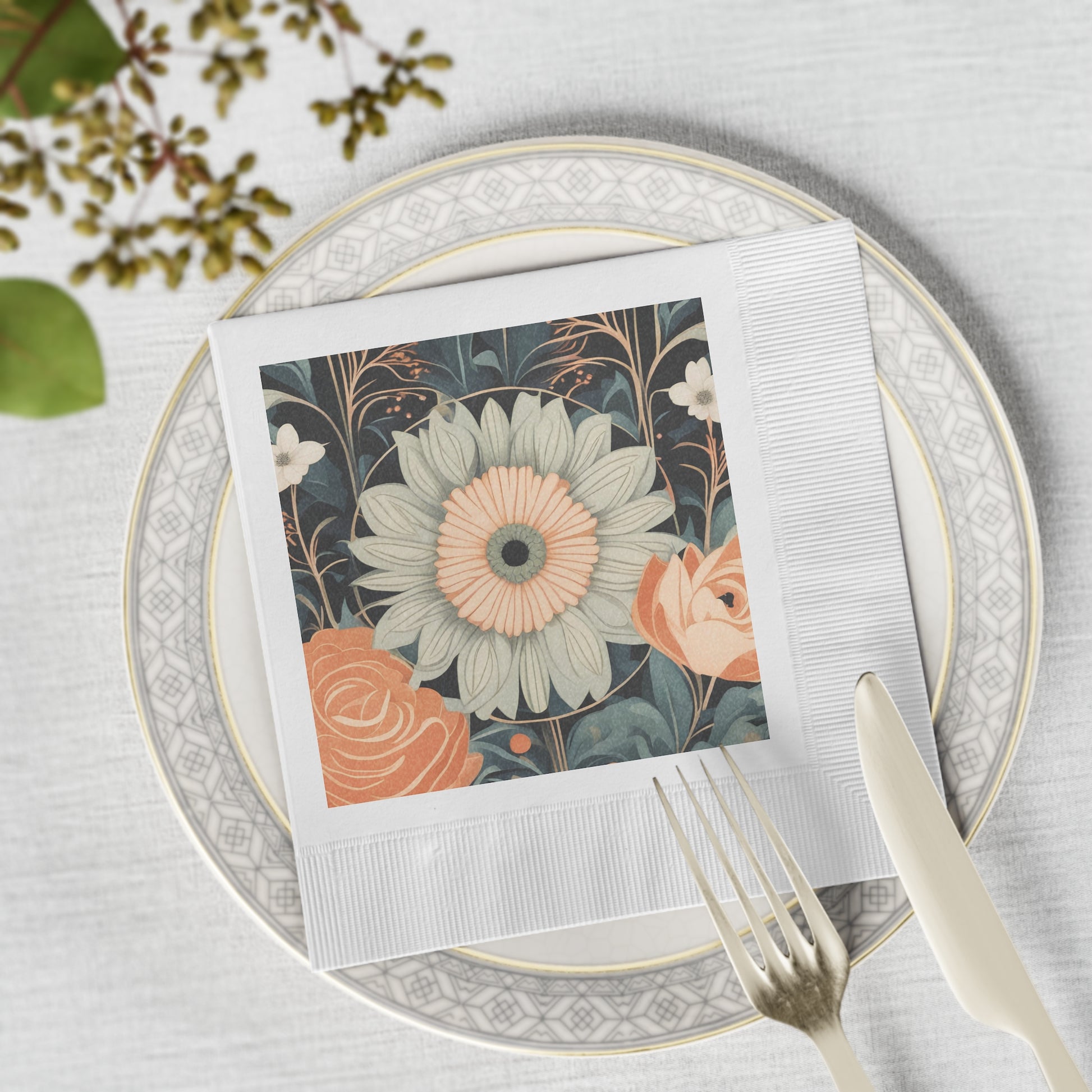 Floral Square Cocktail Napkins — Vintage Peach & Sage Botanical Design, 2 sizes, Pack of 50 or 100