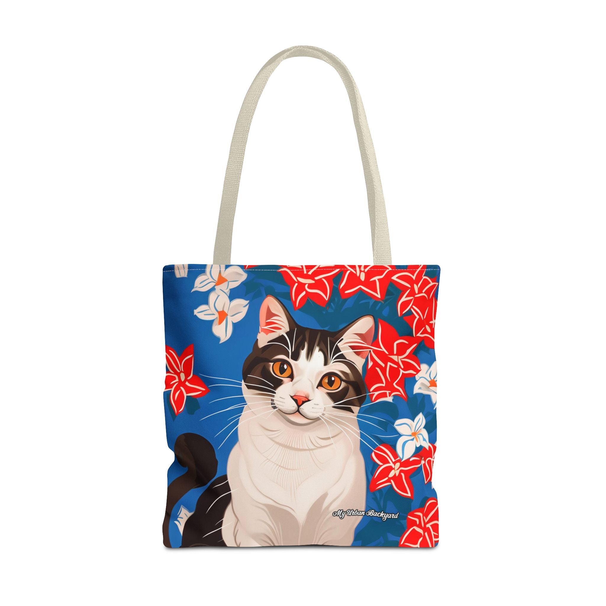 Cat with Red and White Flowers, Tote Bag with Cotton Handles For Everyday Use, 3 Sizes