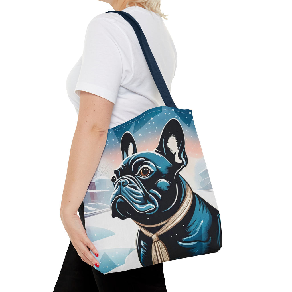 French Bulldog Winter Tote Bag — Snowy Pup All-Over Print Tote