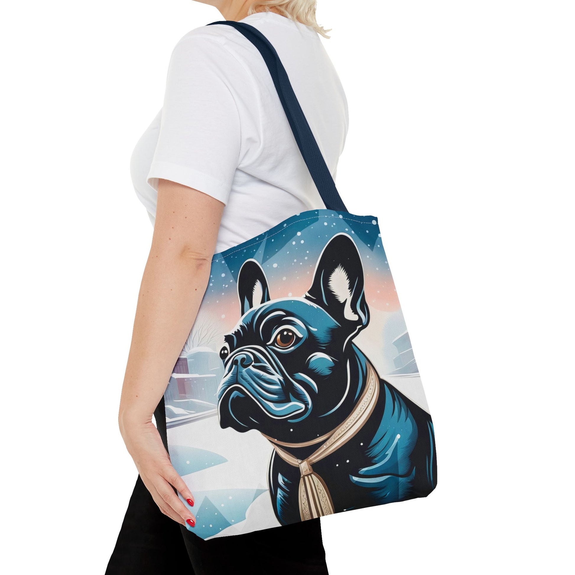 French Bulldog Winter Tote Bag — Snowy Pup All-Over Print Tote