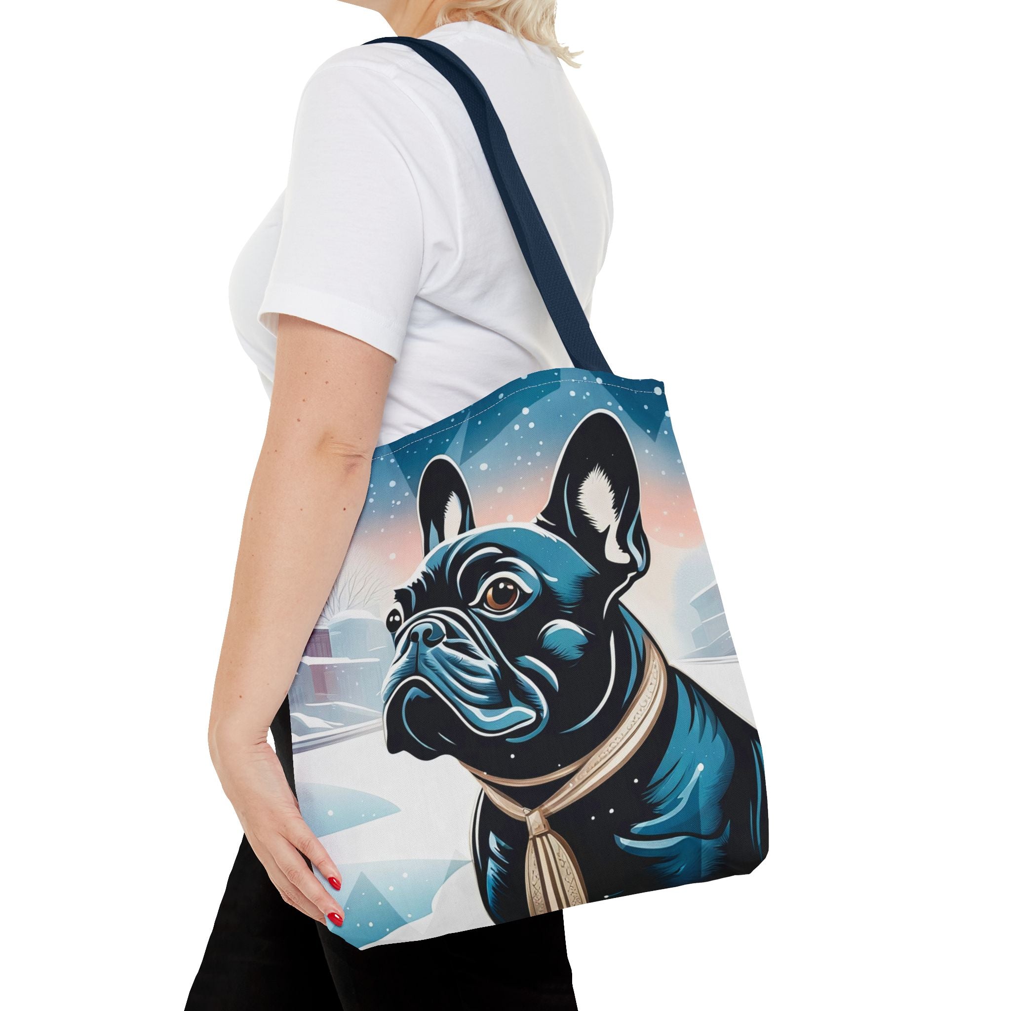 French Bulldog Winter Tote Bag — Snowy Pup All-Over Print Tote