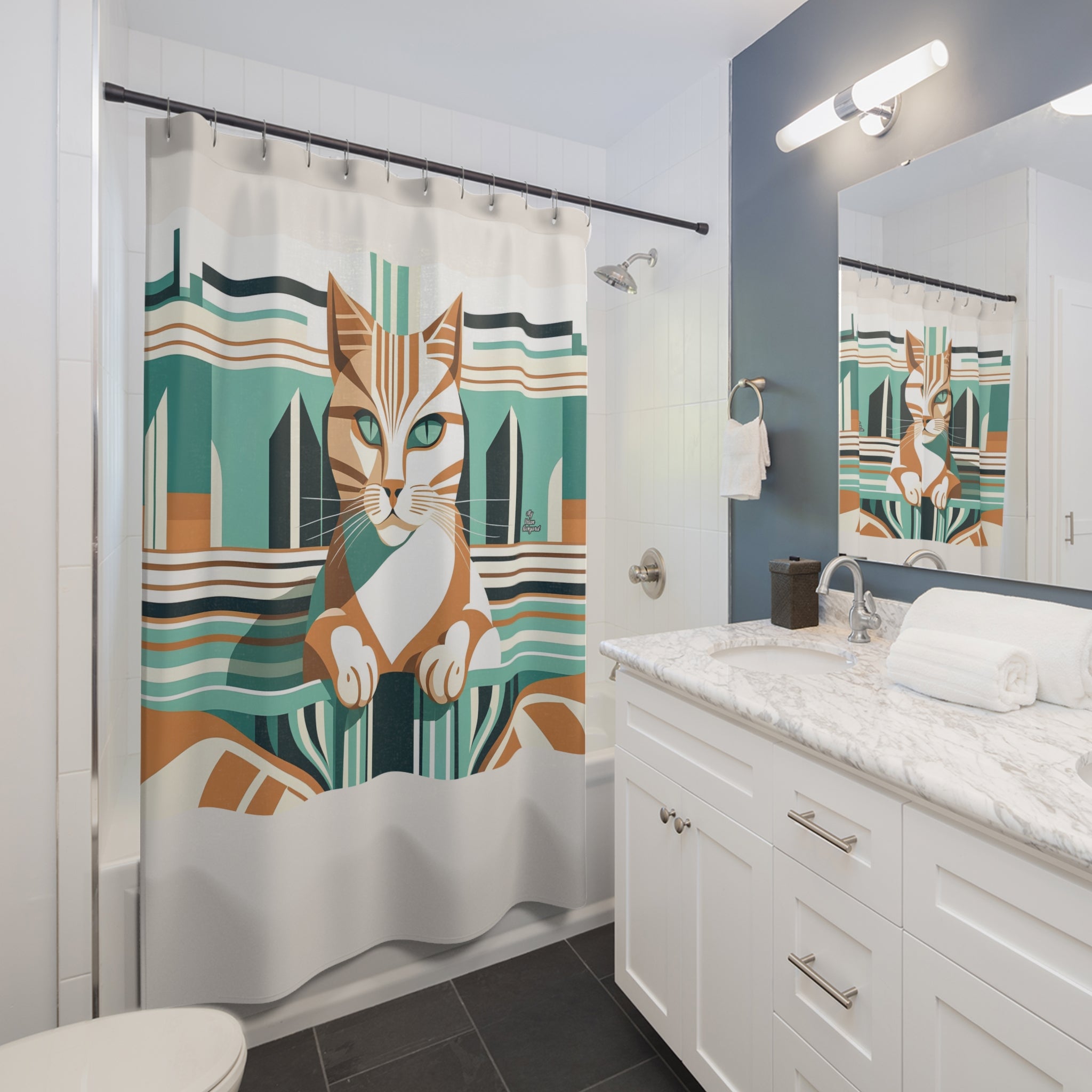 Cream Shower Curtain with Art Deco Tabby Cat - 71" x 74"