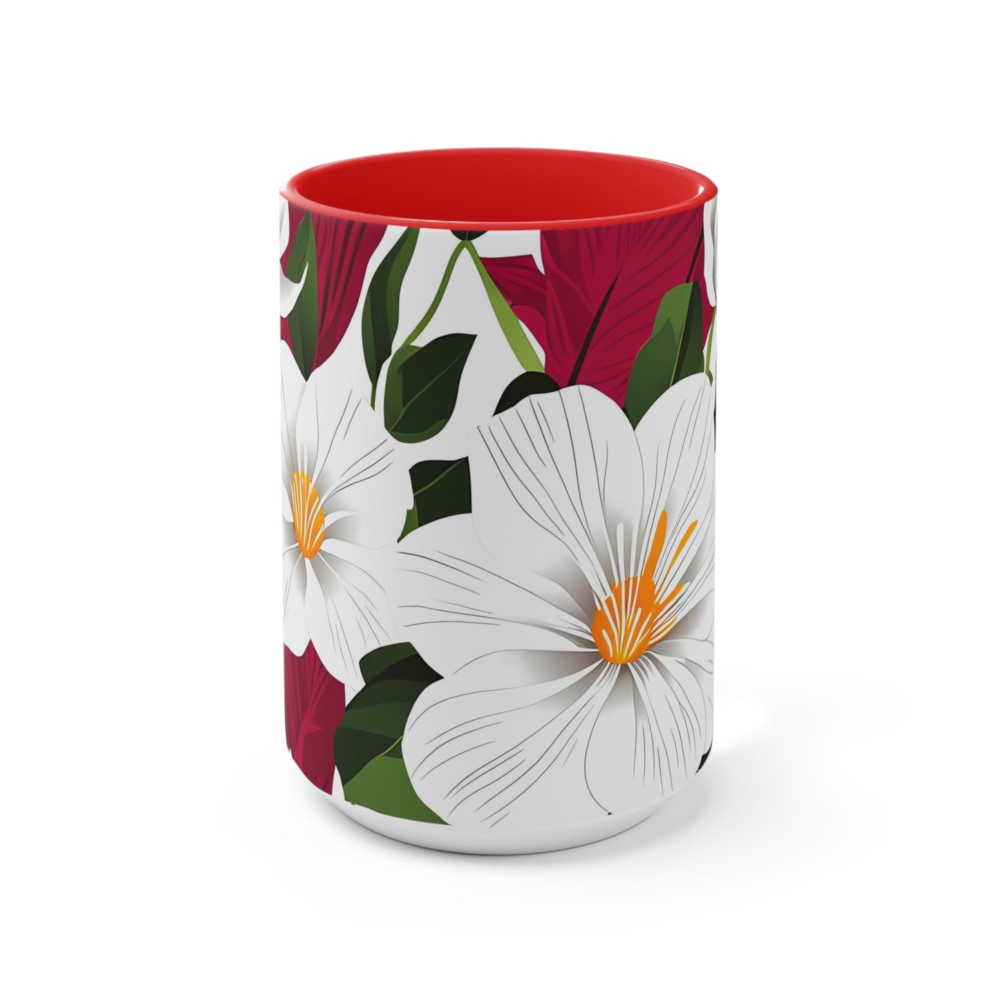 White Flowers on Red, Ceramic Mug - Perfect for Coffee, Tea, and More!