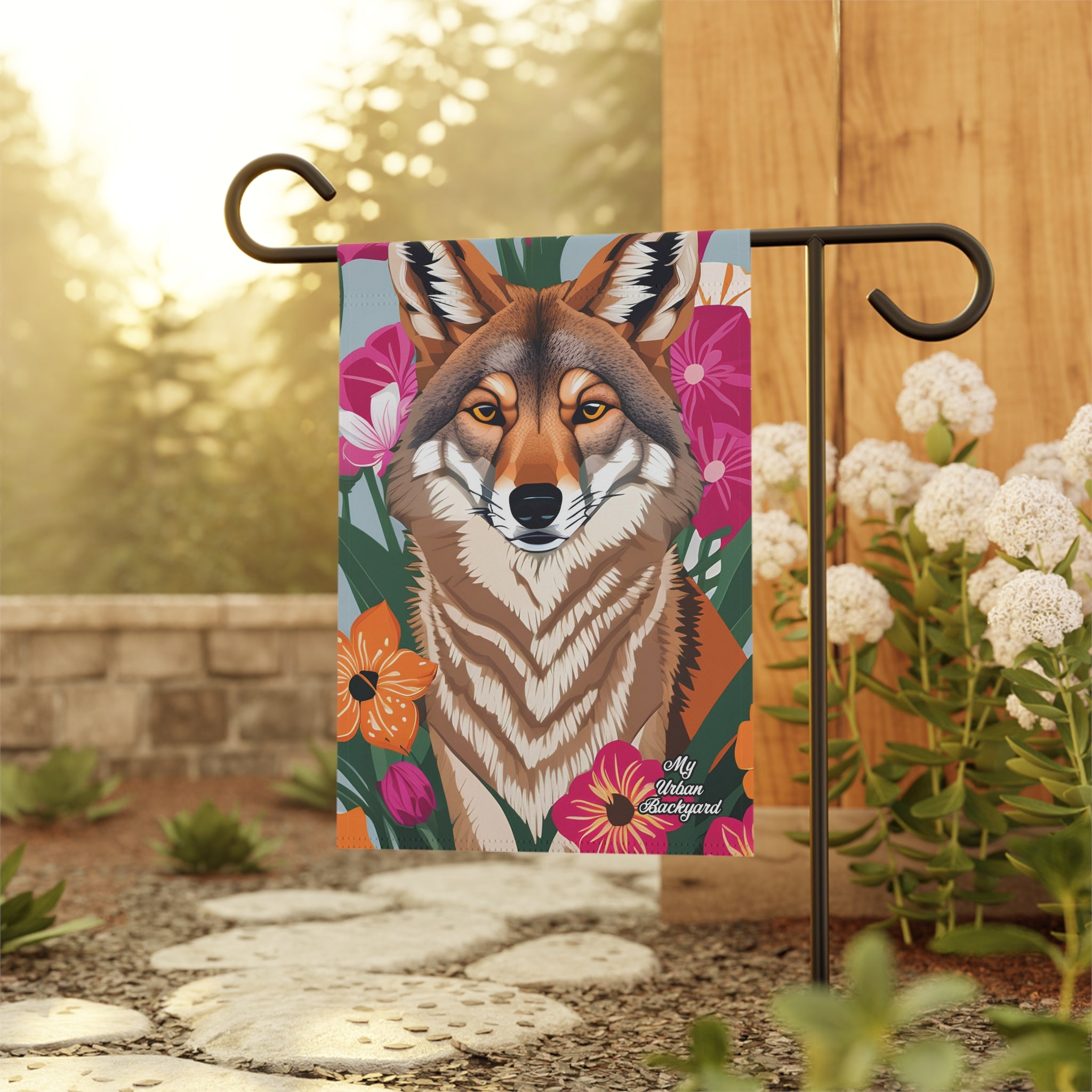 Coyote and Vibrant Flowers, Garden Flag