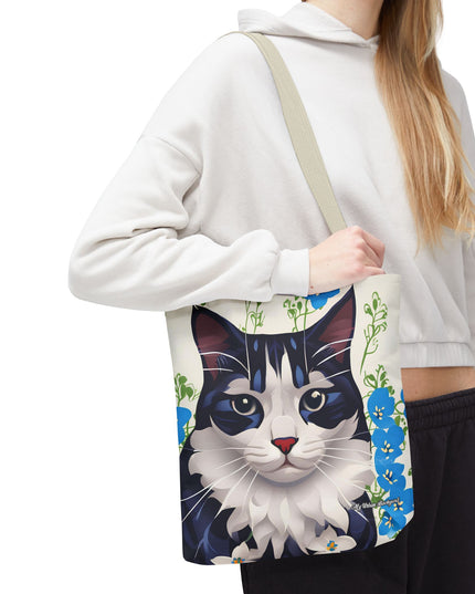 Cat and Blue Flowers Tote Bag with Cotton Handles For Everyday Use, 3 Sizes
