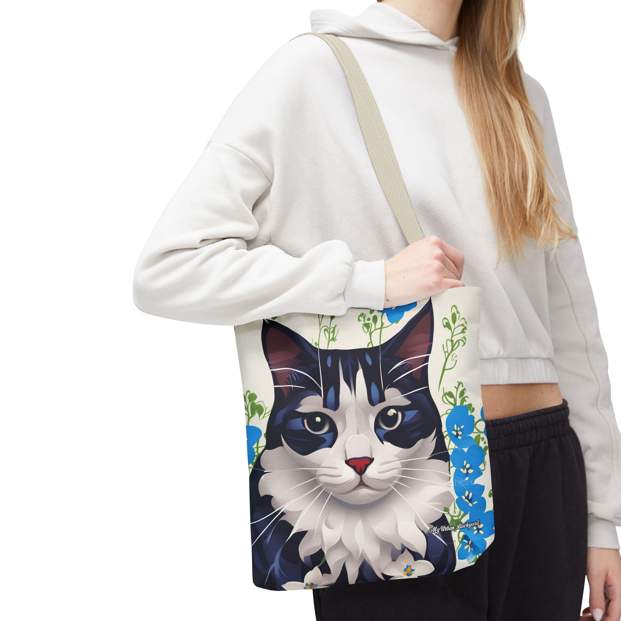 Cat and Blue Flowers Tote Bag with Cotton Handles For Everyday Use, 3 Sizes