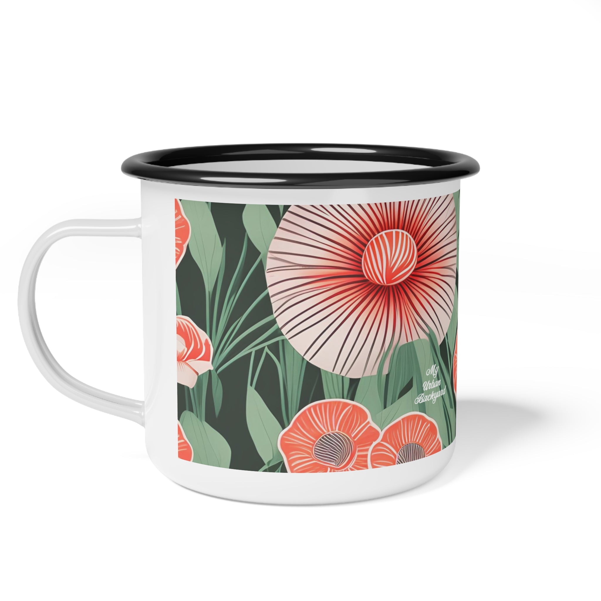 Red Art Deco Flowers, Enamel Camping Mug