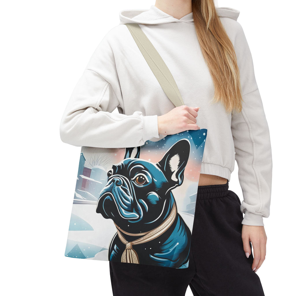 French Bulldog Winter Tote Bag — Snowy Pup All-Over Print Tote