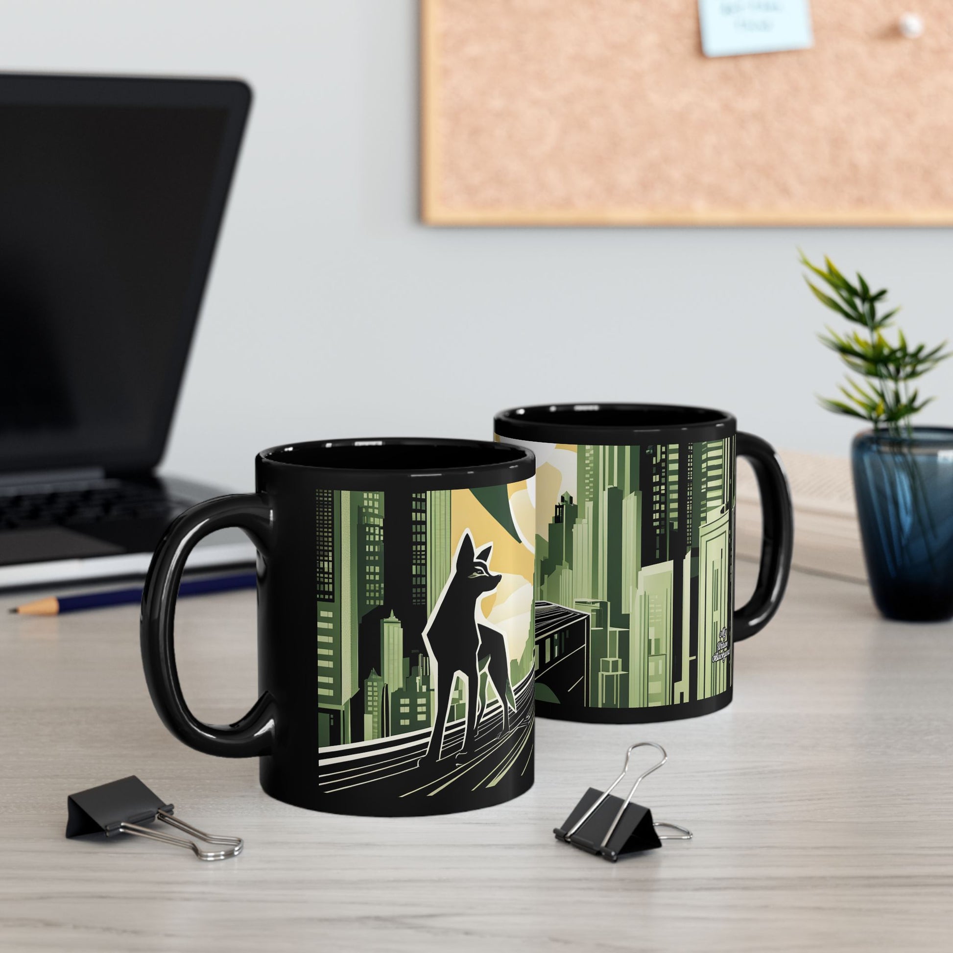 Art Deco Coyote Mug, Unique 11oz/15oz Black Coffee Cup, Retro Home Decor, Gift for Animal Lovers, Vintage Style, Perfect for Any Occasion
