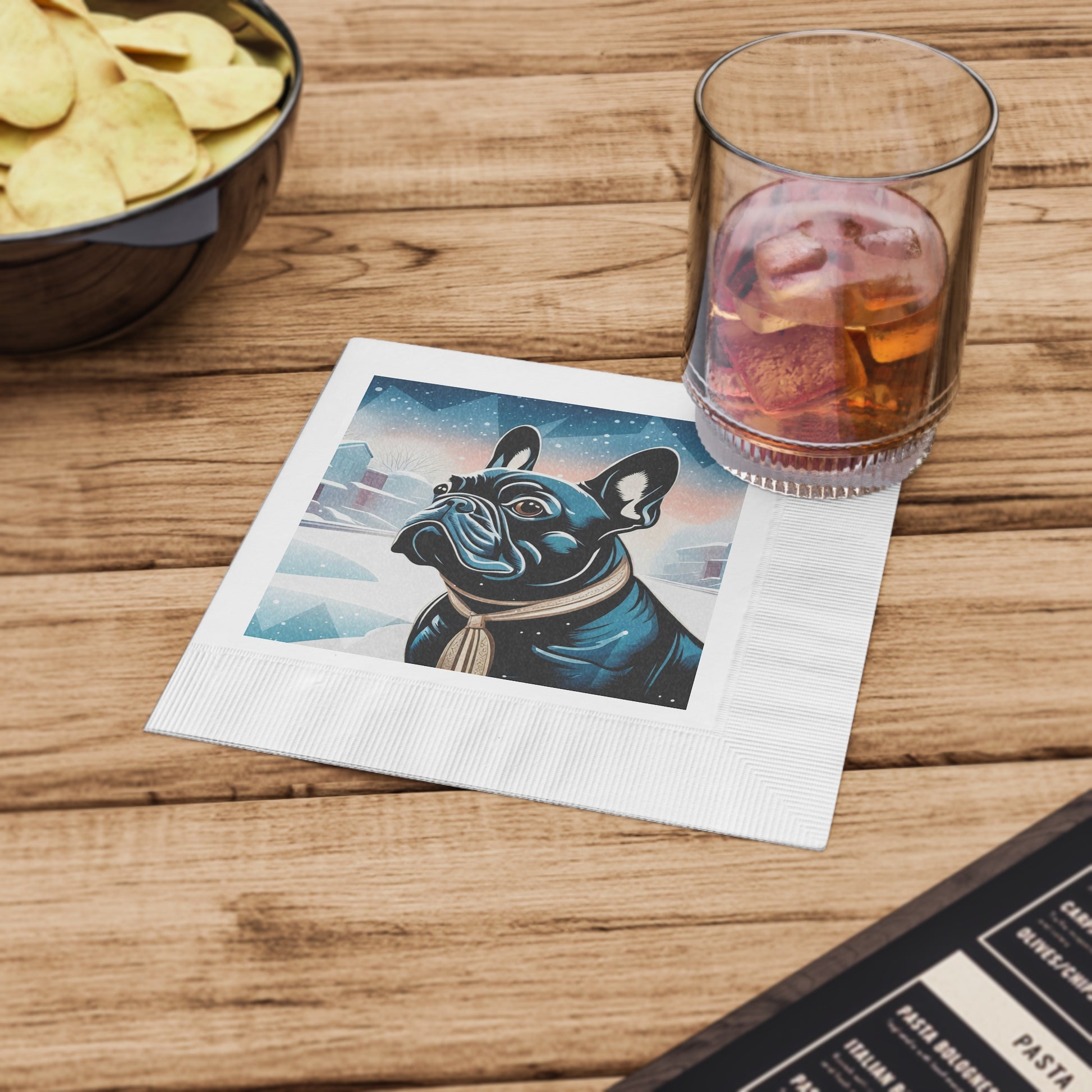 French Bulldog Winter Scene Napkins — Cute Dog Cocktail Napkins, 2 sizes, Pack of 50 or 100