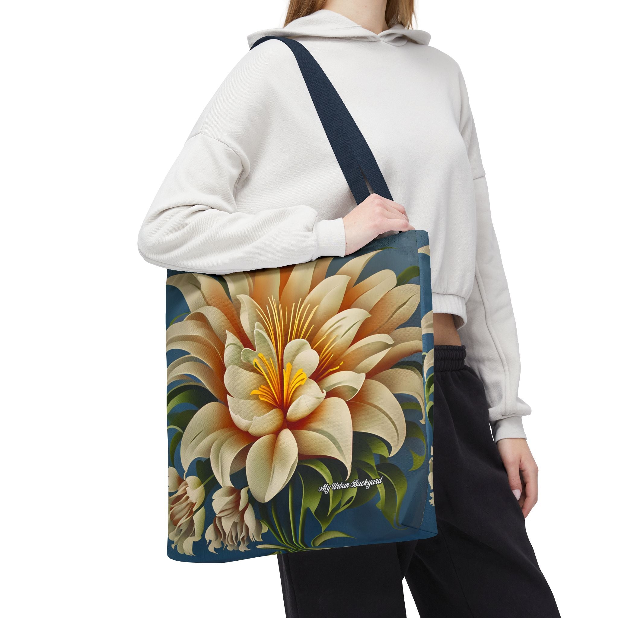 Large White Flower Tote Bag with Cotton Handles For Everyday Use, 3 Sizes