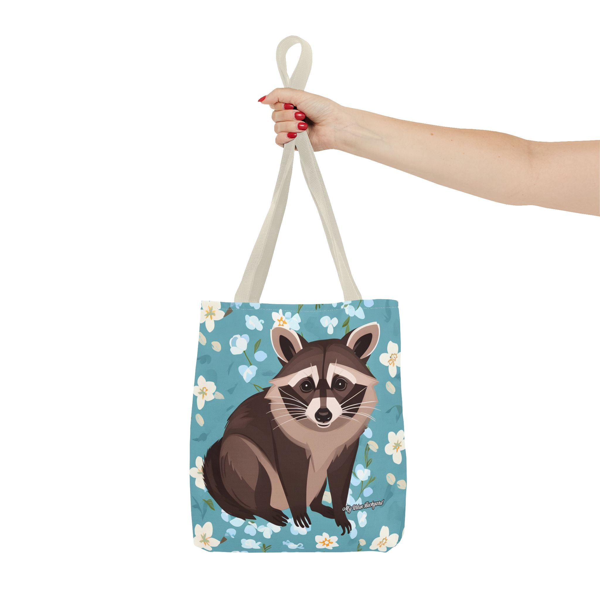 Young Raccoon w Flowers Tote Bag with Cotton Handles For Everyday Use, 3 Sizes