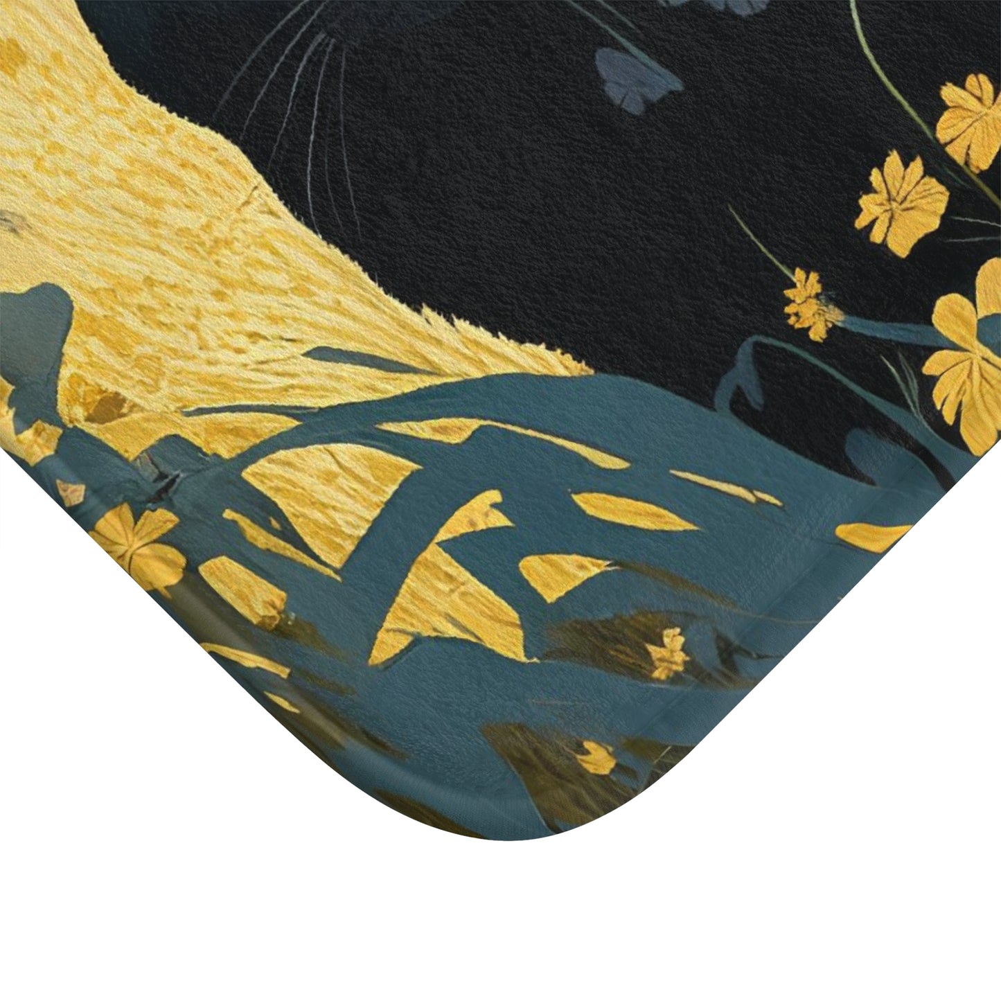 Black Cat with Black Flowers, Memory Foam Bath Mat - Cozy Bathroom Essential