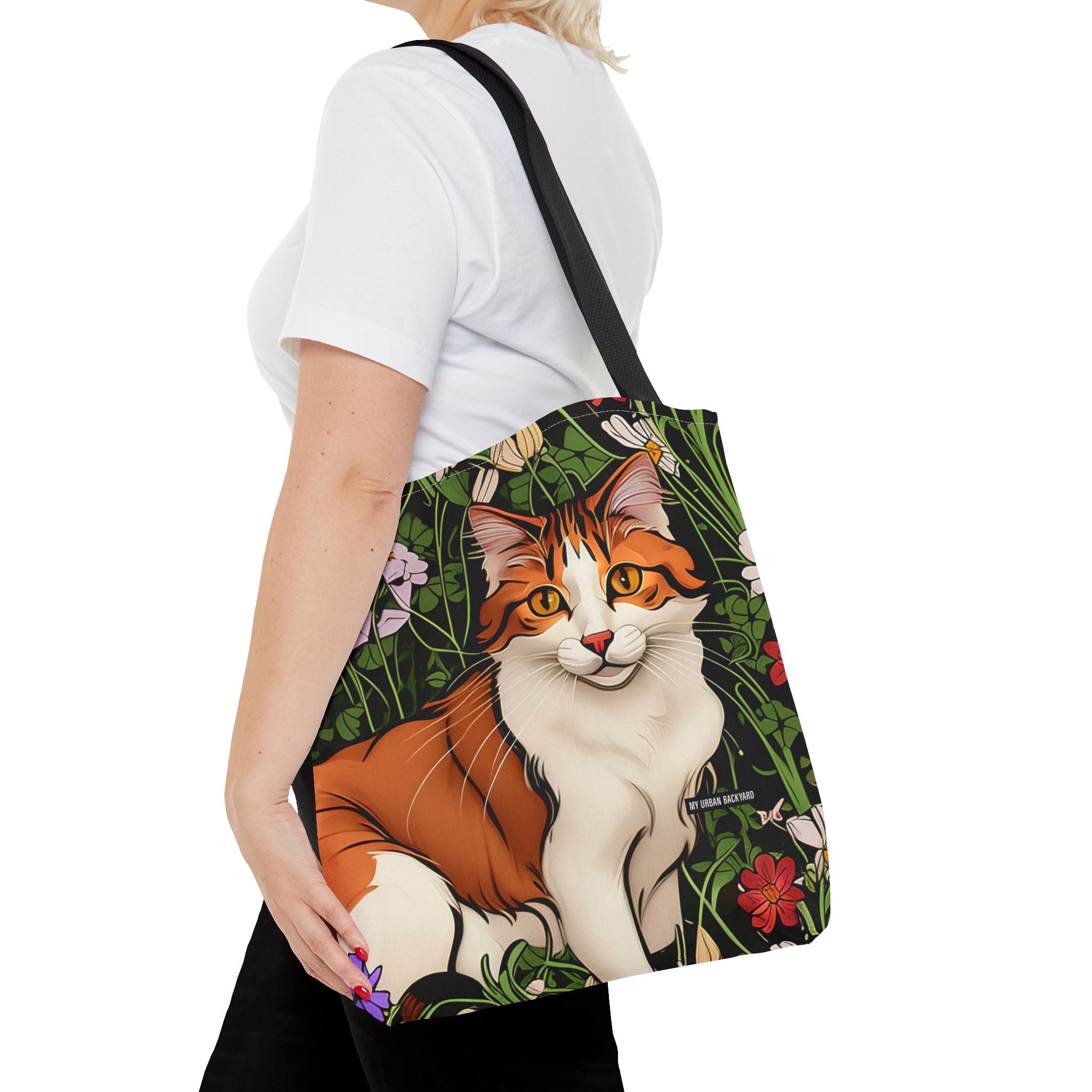 Orange Cat with Flowers, Tote Bag w Cotton Handles
