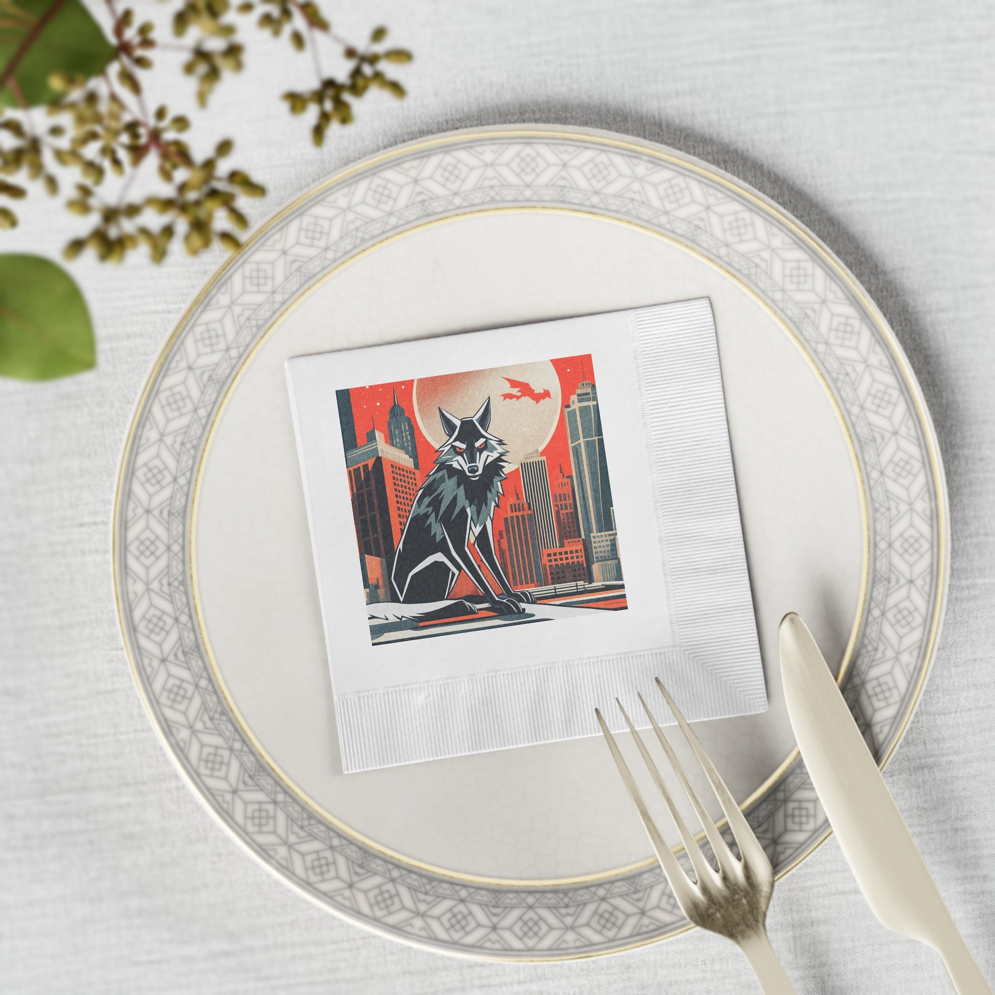 Urban Wolf Cocktail Napkins — Retro City Skyline Design, 2 sizes, Pack of 50 or 100