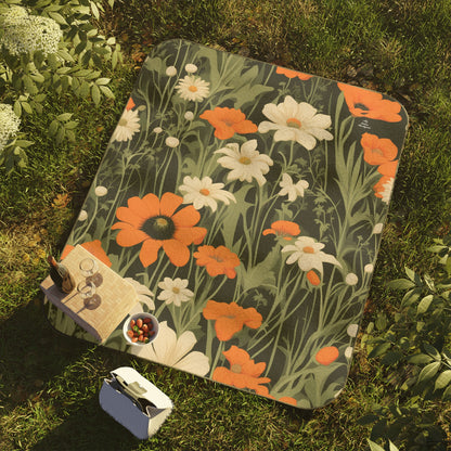 Orange and White Flowers, Outdoor Picnic Blanket with Soft Fleece Top, Water-Resistant Bottom, 51" × 61"