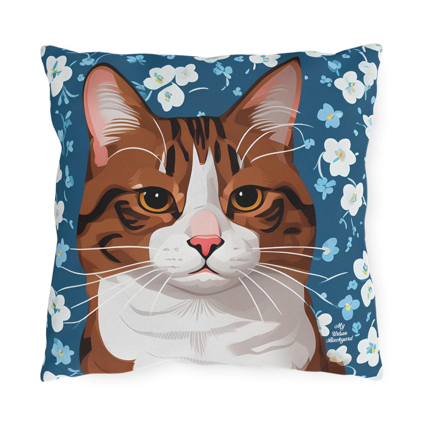 Orange Cat and Flowers, Sable accent color, Indoor/Outdoor Throw Pillow Decor for Patio or Office