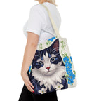 Cat and Blue Flowers Tote Bag with Cotton Handles For Everyday Use, 3 Sizes