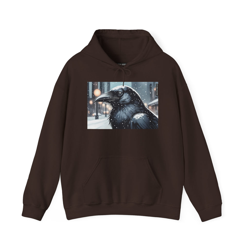 Urban Crow In Falling Snow Hoodie — Comfy Winter Graphic Hoodie