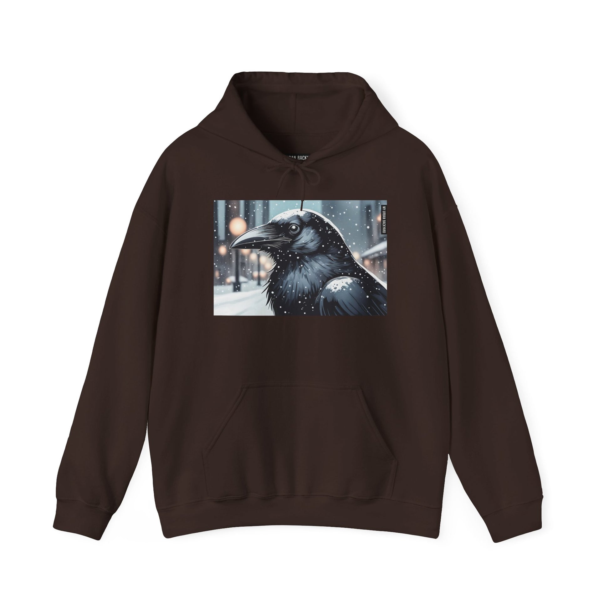 Urban Crow In Falling Snow Hoodie — Comfy Winter Graphic Hoodie
