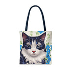 Cat and Blue Flowers Tote Bag with Cotton Handles For Everyday Use, 3 Sizes