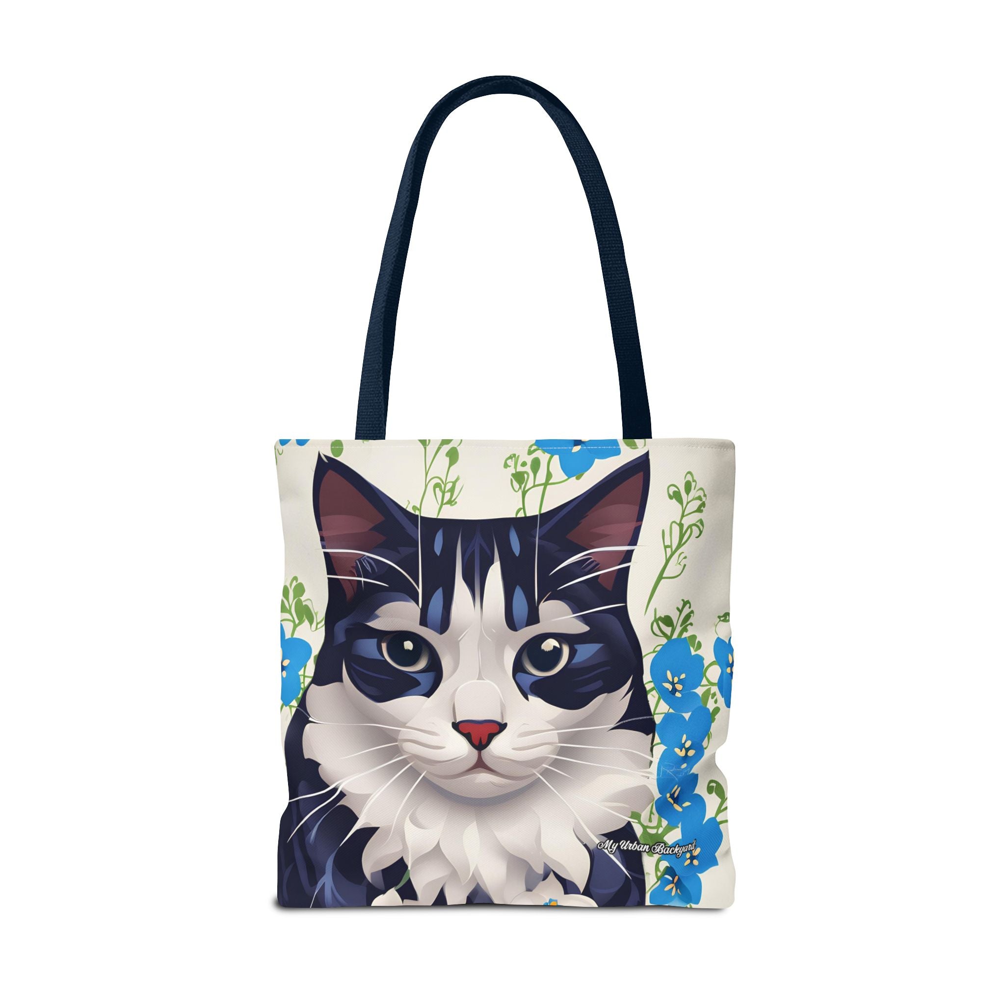 Cat and Blue Flowers Tote Bag with Cotton Handles For Everyday Use, 3 Sizes