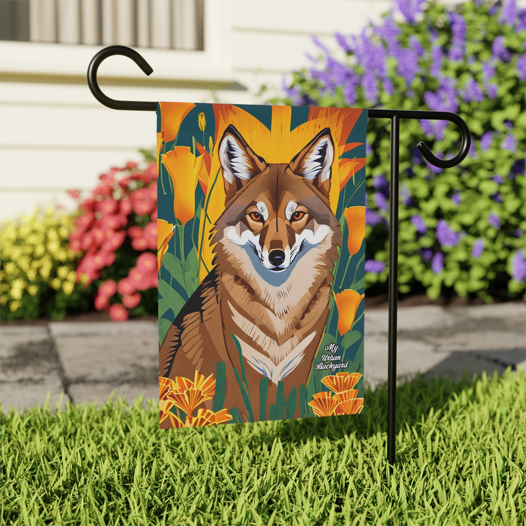 Coyote and Orange Flowers, Garden Flag